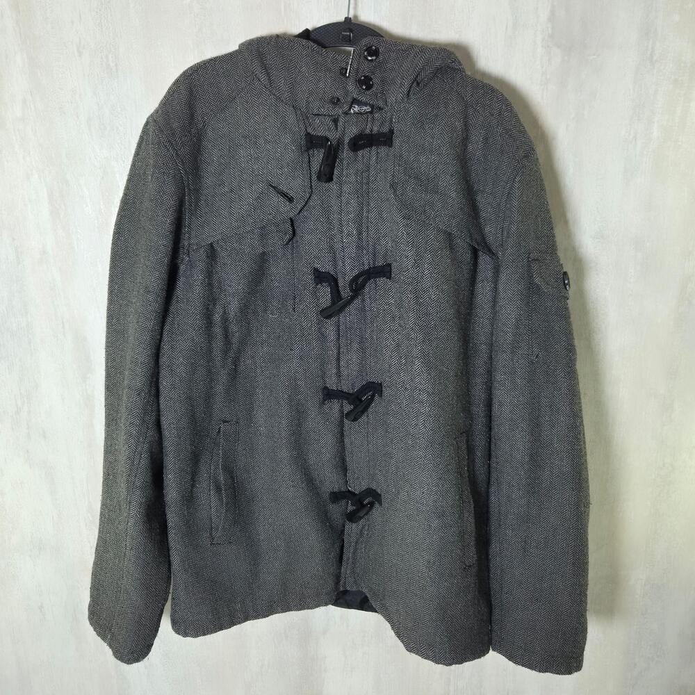 Brave Soul Jacket Mens Large Gray Herringbone Wool Hooded Toggle Parka Lined